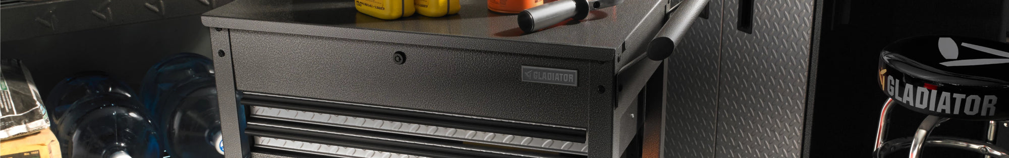 A closeup of a Gladiator® mobile tool cart.