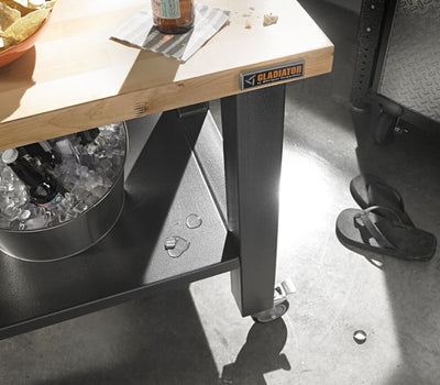 A 3' Wide Mobile Workstation holding an ice bucket.