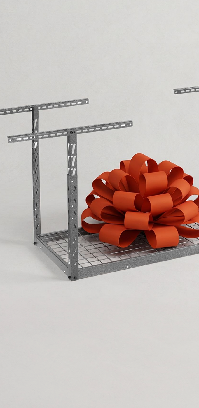 A Gladiator® Overhead Rack with an orange bow