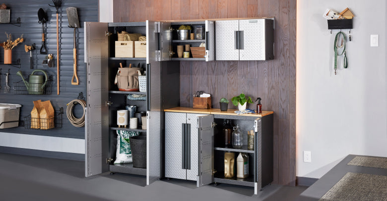 An open Gladiator® Flex Cabinet System in a garage.