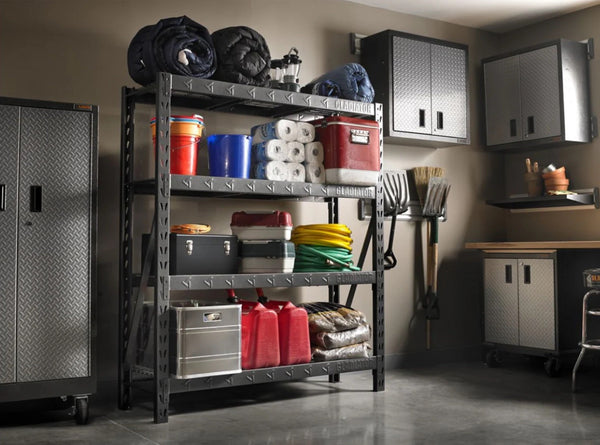 GLADIATOR® Garage storage rack with various items including containers and tools.