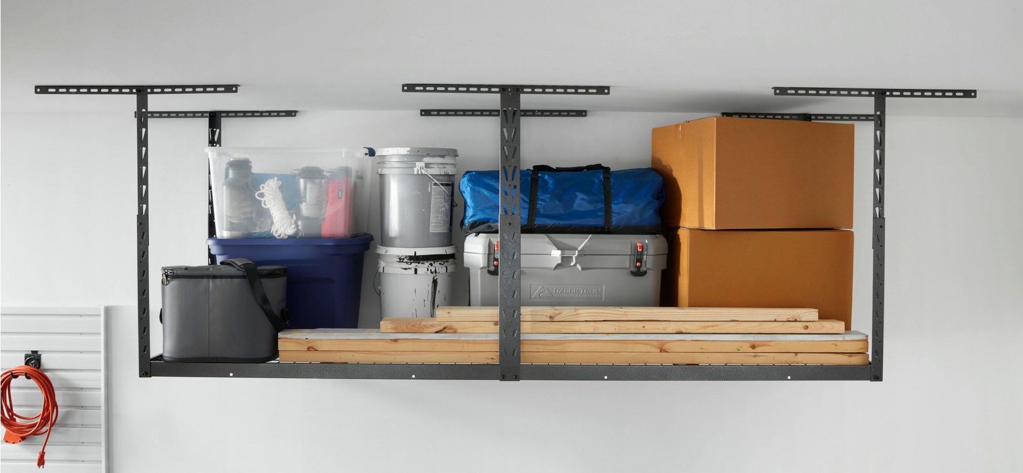 A hammered granite 4x8 Overhead Storage Rack hold large and bulky items.