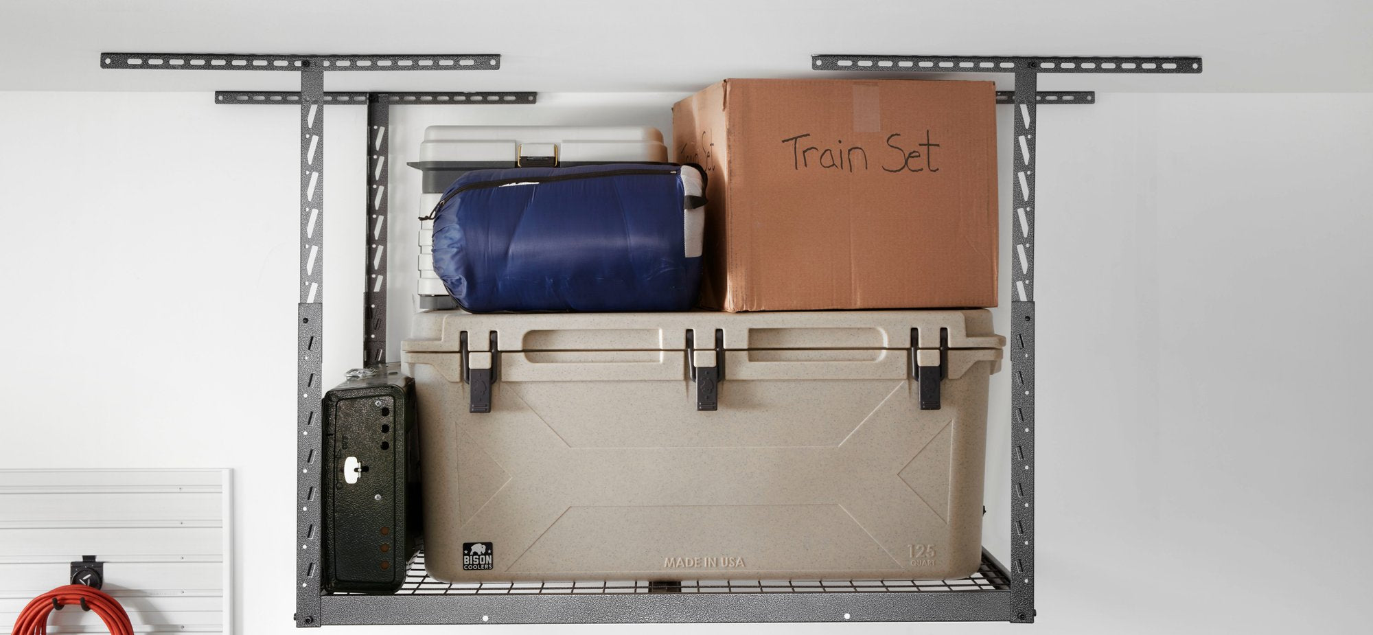 A hammered granite 4x4 Overhead Storage Rack hold large and bulky items.