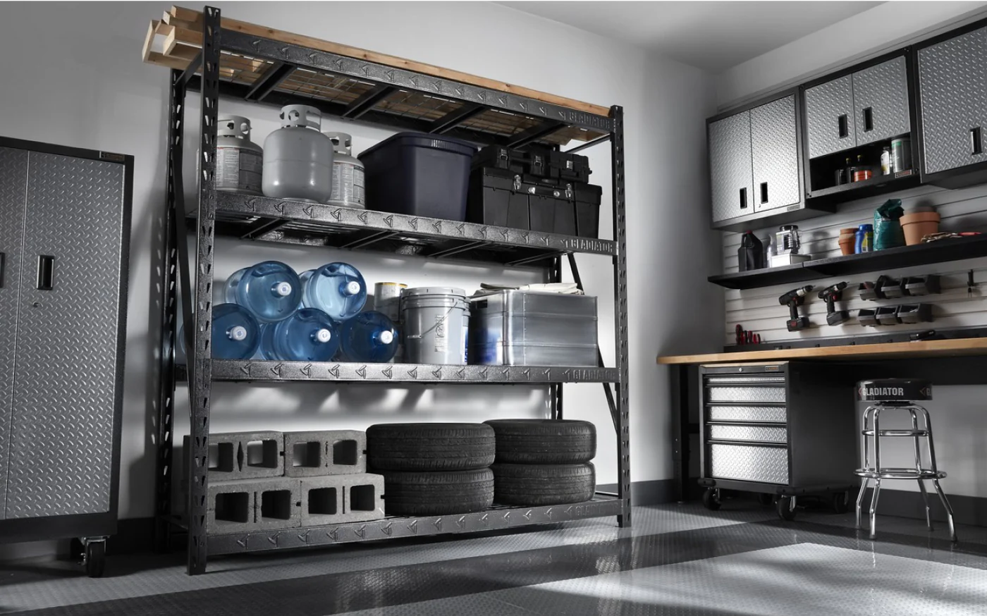 Gladiator Garage organization Items including shelves, gearbox and geardrawer.
