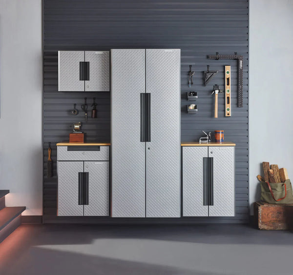 GLADIATOR® cabinet system mounted on a slatwall.