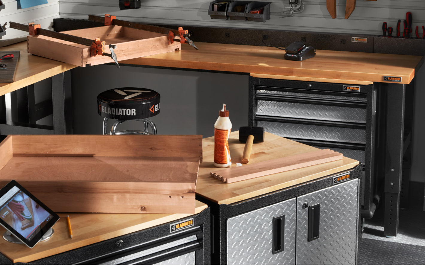 A workbench in a garage.