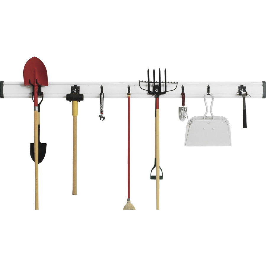 Gladiator GearTrack® Pack with gardening and household tools on hooks.